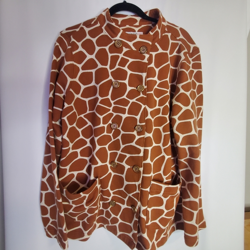Isaac Mizrahi Size L Giraffe print double gold button 100% Cotton jacket